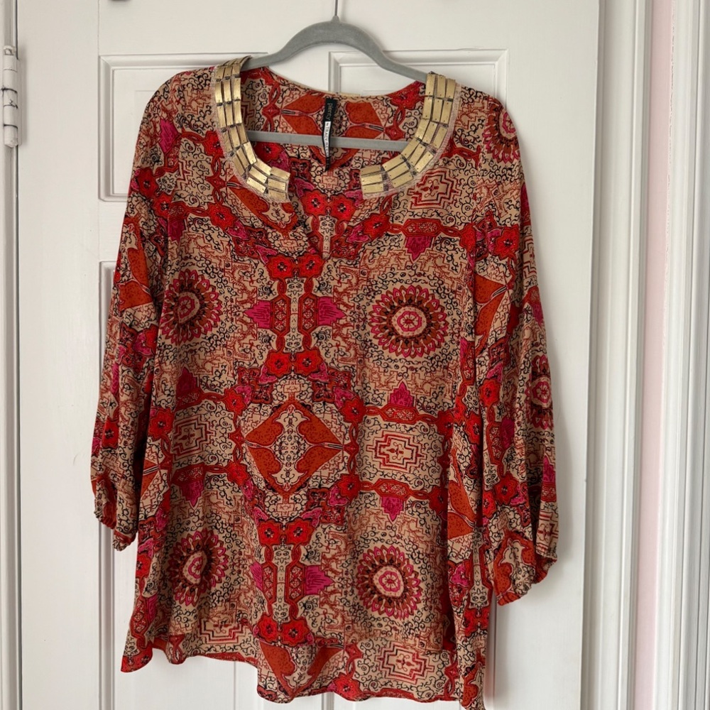 Plenty Tracy Reese Red & Orange Silk Tunic Top with Embellished Neckline Size M